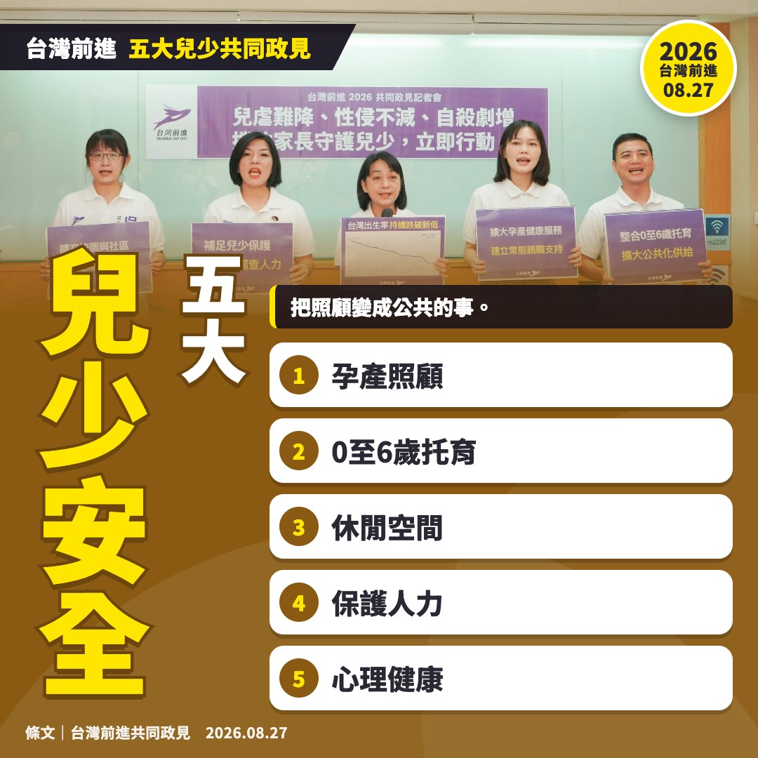 五大兒少共同政見主圖卡：記者會合照與本頁 5 項政見