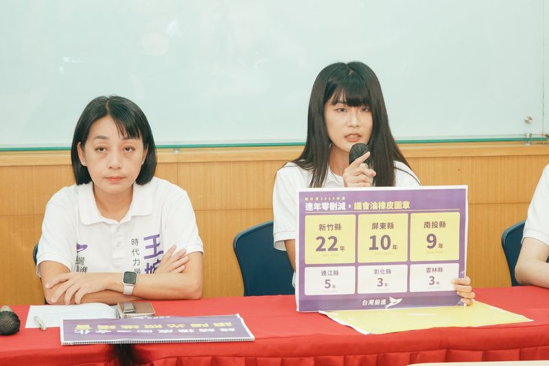 議會透明共同政見記者會，出席者手持「連年零刪減，議會淪橡皮圖章」手板發言，手板列出各縣市連年零刪減的年數